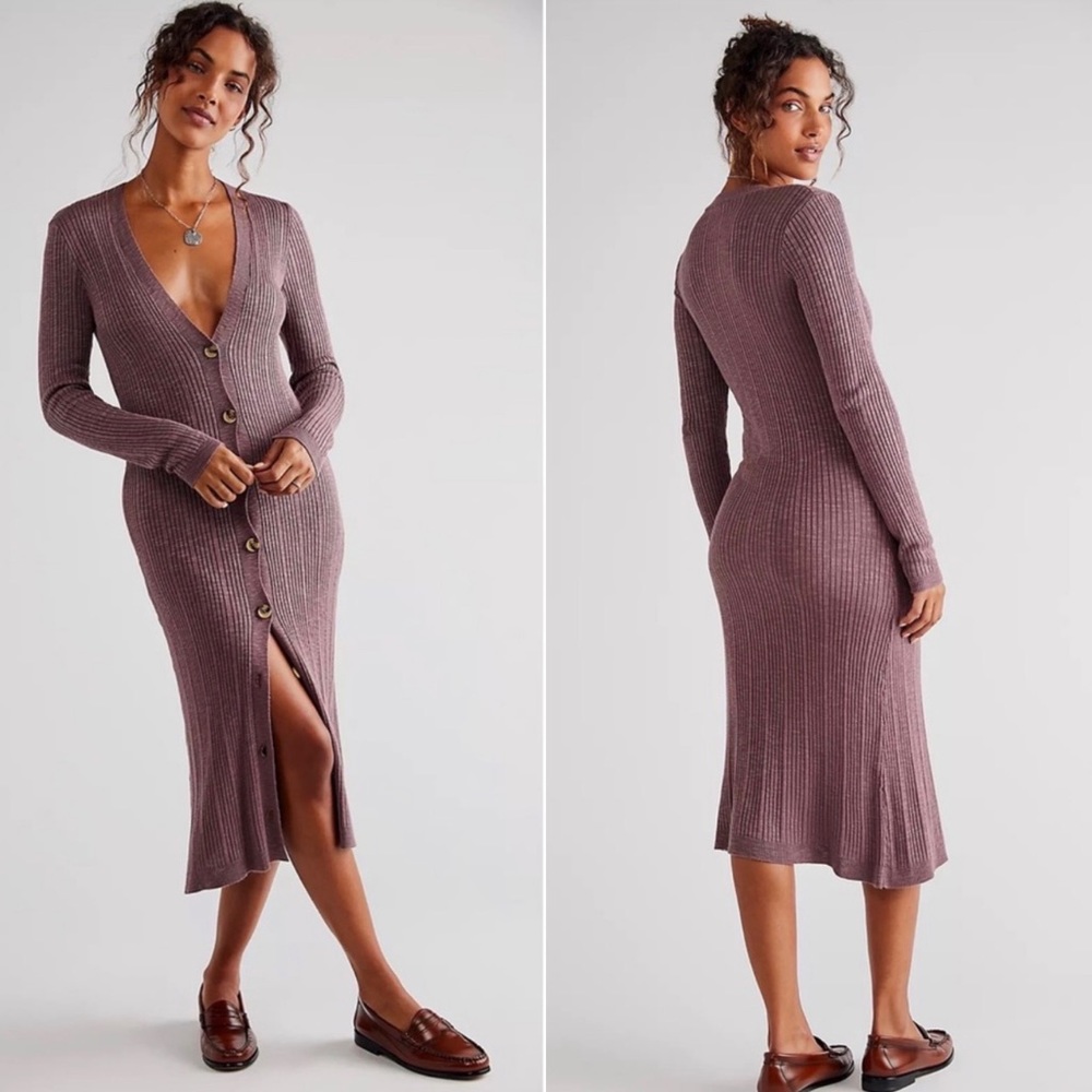 Free People Mauve Ribbed Button-Front Midi Cardigan Dress